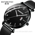 Binbond New Arrival Quartz Watch For Men with Mesh Stainless Steel Calendar Black Wrist Watch Fashion Casual Military Watches